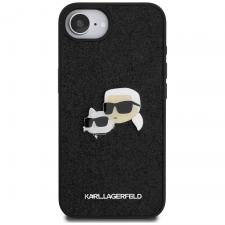 Husa Karl Lagerfeld compatibila cu iPhone 16e, Fixed Glitter Karl Choupette Heads Metal Pin, Negru