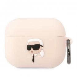 Carcasa Silicone Karl Lagerfeld KLAPRUNIKP, logo Karl Head 3D, cu breloc, compatibila cu AirPods Pro, Roz