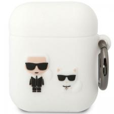 Karl Lagerfeld Style, Carcasa Karl Lagerfeld Glitter Karl and Choupette compatibila cu Apple AirPods 1 / 2, Alb, lerato.ro