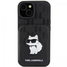 Carcasa Karl Lagerfeld Saffiano Cardslots and Stand Monogram Choupette compatibila cu iPhone 15, Negru