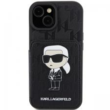 Carcasa Karl Lagerfeld Saffiano Cardslots and Stand Monogram Ikonik compatibila cu iPhone 15, Negru