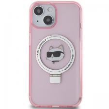 Carcasa Karl Lagerfeld Ring Stand Choupette Head cu MagSafe compatibila cu iPhone 15, Roz