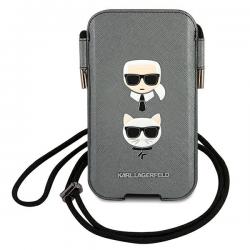 Geanta universala Karl Lagerfeld Saffiano Ikonik Karl and Choupette compatibila cu dispozitive de pana la 6.7 inch, Gri