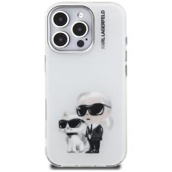 Carcasa Karl Lagerfeld IML Aquarelle Karl and Choupette Logo compatibila cu iPhone 16 Pro, Alb