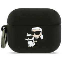 Carcasa Karl Lagerfeld Silicone Karl and Chaupette Head 3D compatibila cu Apple AirPods Pro 3, Negru