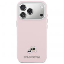 Husa Karl Lagerfeld Karl and Choupette Head Pins Saffiano cu MagSafe compatibila cu iPhone 17 Pro, Roz