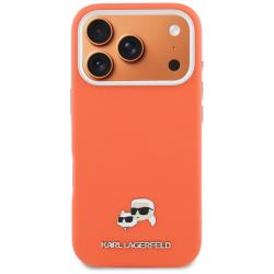 Husa Karl Lagerfeld Karl and Choupette Head Pins Saffiano cu MagSafe compatibila cu iPhone 17 Pro, Portocaliu