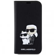 Husa flip cover Karl Lagerfeld Saffiano Karl and Choupette compatibila cu iPhone 14 Pro Max, Negru