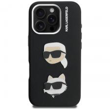 Husa Karl Lagerfeld FW Grained Karl and Choupette Heads Pins compatibila cu iPhone 16 Pro Max, Negru