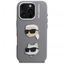 Husa Karl Lagerfeld FW Grained Karl and Choupette Heads Pins compatibila cu iPhone 16 Pro Max, Gri