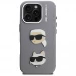 Husa Karl Lagerfeld FW Grained Karl and Choupette Heads Pins compatibila cu iPhone 16 Pro, Gri 2 - lerato.ro