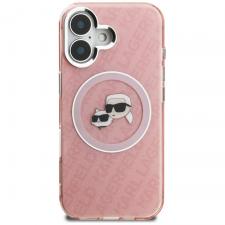 Husa Karl Lagerfeld IML Glitter Karl and Choupette Heads Logo cu MagSafe compatibila cu iPhone 16, Roz