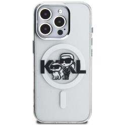 Husa Karl Lagerfeld IML Glitter Karl and Choupette Sketch Logo cu MagSafe compatibila cu iPhone 16 Pro, Transparent