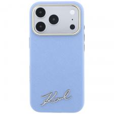 Huse si carcase iPhone 18 Pro, Husa Karl Lagerfeld Saffiano Small Script Metal Logo cu MagSafe compatibila cu iPhone 18 Pro / 17 Pro, Albastru, lerato.ro