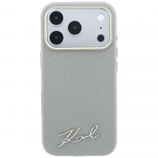 Husa Karl Lagerfeld Saffiano Small Script Metal Logo cu MagSafe compatibila cu iPhone 18 Pro / 17 Pro, Bej
