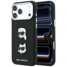 Husa Karl Lagerfeld Saffiano Karl and Choupette Heads Pins Logo compatibila cu iPhone 18 Pro Max / 17 Pro Max, Negru