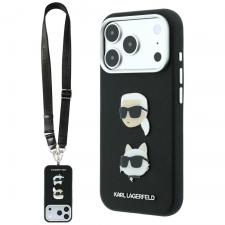 Husa Karl Lagerfeld Saffiano Karl and Choupette Heads Pins Strap Logo compatibila cu iPhone 18 Pro Max / 17 Pro Max, Negru