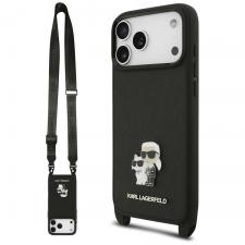 Husa Karl Lagerfeld Saffiano Karl and Choupette Metal Pin CBDY Strap compatibila cu iPhone 18 Pro / 17 Pro, Negru