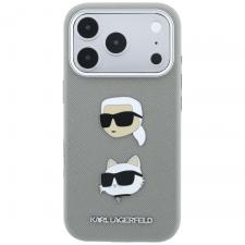 Husa Karl Lagerfeld Saffiano Karl and Choupette Heads Pins and Logo compatibila cu iPhone 18 Pro Max / 17 Pro Max, Gri