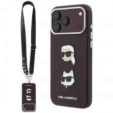 Husa Karl Lagerfeld Saffiano Karl and Choupette Heads Pins Strap Logo compatibila cu iPhone 18 Pro / 17 Pro, Burgundy