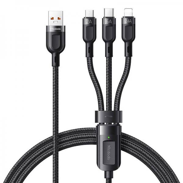 Cablu pentru incarcare si transfer date Mcdodo CA-6930 3 in 1, USB Type-C/Lightning/Micro-USB, 66W, 6A, 1.2m, Negru