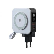 Baterie externa cu incarcator retea Mobile Origin Travel Charger, 10000 mAh, USB/USB-C, Cablu USB-C si Lightning integrate, Alb