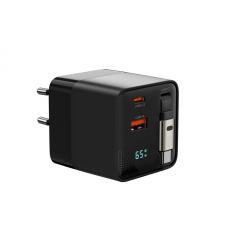 Incarcator retea Mobile Origin GaN Display Charger PW2, 65W, 3A,  1 x Cablu USB-C, 1x USB-C, 1x USB-A, Fast Charging, Negru