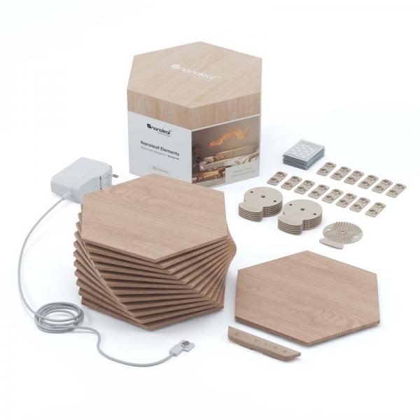 Kit 13 panouri luminoase inteligente Nanoleaf Elements Hexagons Wood Look Starter Kit, cu senzor muzica inclus, multi-touch control, Wi-Fi