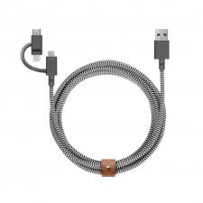 Cablu pentru incarcare si transfer de date Native Union Belt 3-în-1, USB-A la USB-C / Lightning, / Micro-USB, PD 15W, 480Mbps, 2m, Zebra