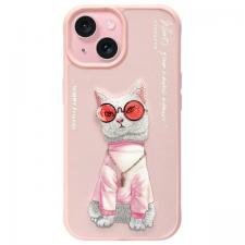 Carcasa Nimmy Glasses Cool Cat compatibila cu iPhone 15, Roz
