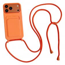 Carcasa din silicon cu Card Holder si Crossbody Lanyard compatibila cu iPhone 17, Portocaliu