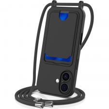 Carcasa cu Card Holder si Crossbody Lanyard compatibila cu iPhone 17, Negru
