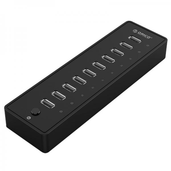 Adaptor HUB 10-in-1 Orico P10, USB - 10x USB 2.0, LED, Cablu USB 1m inclus, Negru