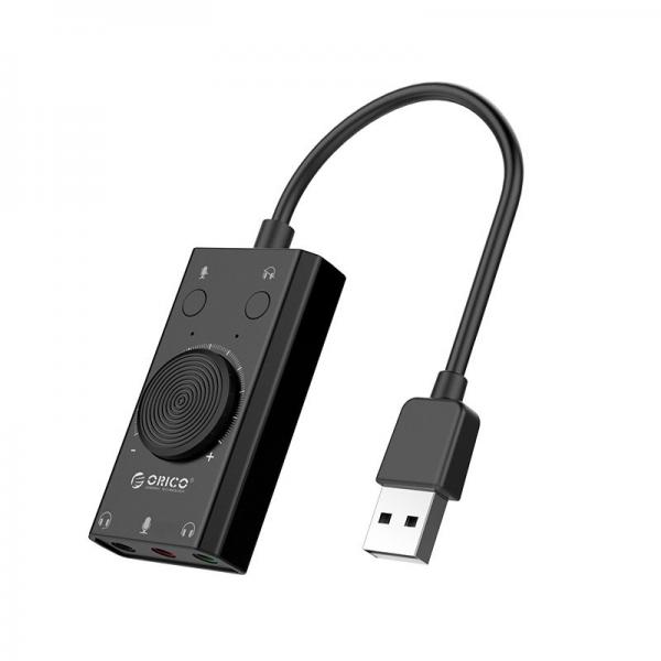 Adaptor audio HUB 3-in-1 Orico SC2, LED, ajustare volum, 10 cm, Negru