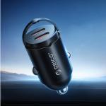 Incarcator auto MiniRing, PD 30W, 3A, 2x USB-C, Fast Charging, Negru 4 - lerato.ro