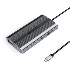 Adaptor Hub 12-in-1 Orico XDR, USB-C la 1x USB-C PD 100W, 3x USB-A 3.1, 1x USB-A 2.0 480Mbps, 1x USB-C 3.1 5Gbps, 1x HDMI 4K / 30Hz, 1x VGA, 1x SD, 1x microSD, 1x RJ45 1Gbps, 1x Jack 3.5mm, Gri