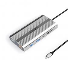 Adaptor Hub 12-in-1 Orico XDR, USB-C la 1x USB-C PD 100W, 2x USB-A 3.1, 1x USB-A 2.0 480Mbps, 1x USB-C 3.1 5Gbps, 2x HDMI 4K / 60Hz, 1x DisplayPort, 1x SD, 1x microSD, 1x RJ45 1Gbps, 1x Jack 3.5mm, Silver