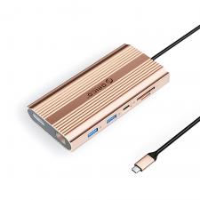 Adaptor Hub 12-in-1 Orico XDR, USB-C la 1x USB-C PD 100W, 2x USB-A 3.1, 1x USB-A 2.0 480Mbps, 1x USB-C 3.1 5Gbps, 2x HDMI 4K / 60Hz, 1x DisplayPort, 1x SD, 1x microSD, 1x RJ45 1Gbps, 1x Jack 3.5mm, Rose Gold