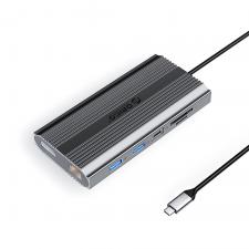 Adaptor Hub 12-in-1 Orico XDR, USB-C la 1x USB-C PD 100W, 2x USB-A 3.1, 1x USB-A 2.0 480Mbps, 1x USB-C 3.1 5Gbps, 2x HDMI 4K / 60Hz, 1x DisplayPort, 1x SD, 1x microSD, 1x RJ45 1Gbps, 1x Jack 3.5mm, Gri