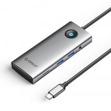 Retelistica, Adaptor Hub 8-in-1 Orico PW11, USB-C la 2x USB-A 3.0 / 5 Gb/s, 1x USB-C PD 100W, 1x HDMI 4K / 60Hz, 1x RJ45 1Gb, 1x Jack 3.5mm, 1x SD, 1x microSD, Lungime cablu 0.2m, Gri, lerato.ro