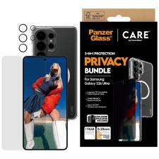 Kit protectie 3 in 1 CARE by PanzerGlass, Carcasa Urban Combat, Folie protectie ecran Ultra-Wide Fit Privacy si Protectie camera foto Hoops, compatibil cu Samsung Galaxy S26 Ultra, Transparent
