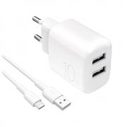 Incarcator retea Puro Pro Lite, 10W, 2 x USB-A, 1 x USB-C, Cablu USB-C 1.2m, Alb