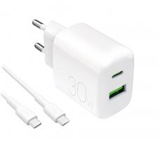 Incarcator retea Puro PROLITE, 1x USB-C, 1x USB-A, Power Delivery 30W, Cablu USB-C 1.2m inclus, Alb