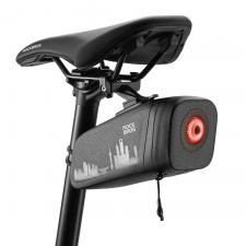 Suporturi telefon si depozitare accesorii, Geanta bicicleta Rockbros AS-141 cu lumina smart incorporata, Baterie lumina 250mAh, Montare sub sa, 0.66L, 18 × 8 × 8 cm, Negru, lerato.ro