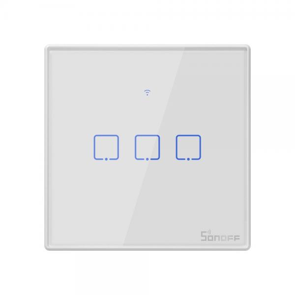 Intrerupator Smart Sonoff T2 EU TX, RF 433, 3 canale, Control vocal si prin aplicatie, Panou touch, LED, WiFi, Alb