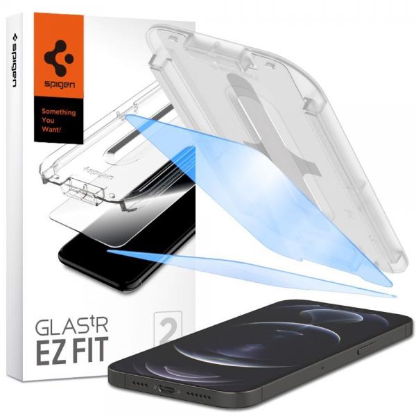 Folie sticla cu sistem de montare Case friendly Spigen GLAS.tR EZ FIT compatibila cu iPhone 13/13 Pro 2-Pack Antiblue