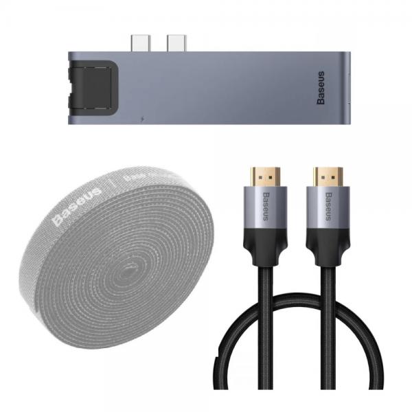 [SuperDEAL] Adaptor HUB aluminiu 7-in-1 Baseus + Cablu video Baseus 4K HDMI 5 metri + Organizator cabluri Baseus Circle Velcro