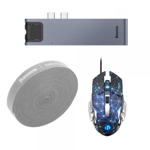 [SuperDEAL] Adaptor HUB aluminiu 7-in-1 Baseus + Mouse gaming Inphic W20 cu fir RGB + Organizator cabluri Baseus Circle Velcro