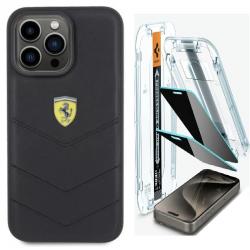 [Combo] iPhone 15 Pro Max, Carcasa Ferrari Quilted Metal Logo + 2 folii sticla Case friendly Spigen GLAStR EZ FIT
