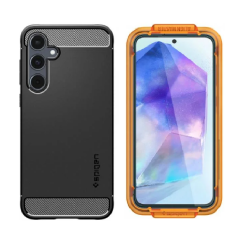 [Combo] Samsung Galaxy A55, Carcasa Spigen Rugged Armor + 2 folii sticla Case friendly Spigen ALM GLAStR